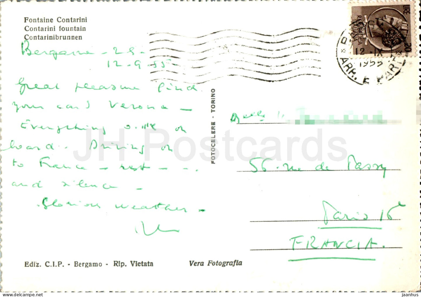 Bergamo - Fontana Contarini - fountain - old postcard - 1955 - Italy - used