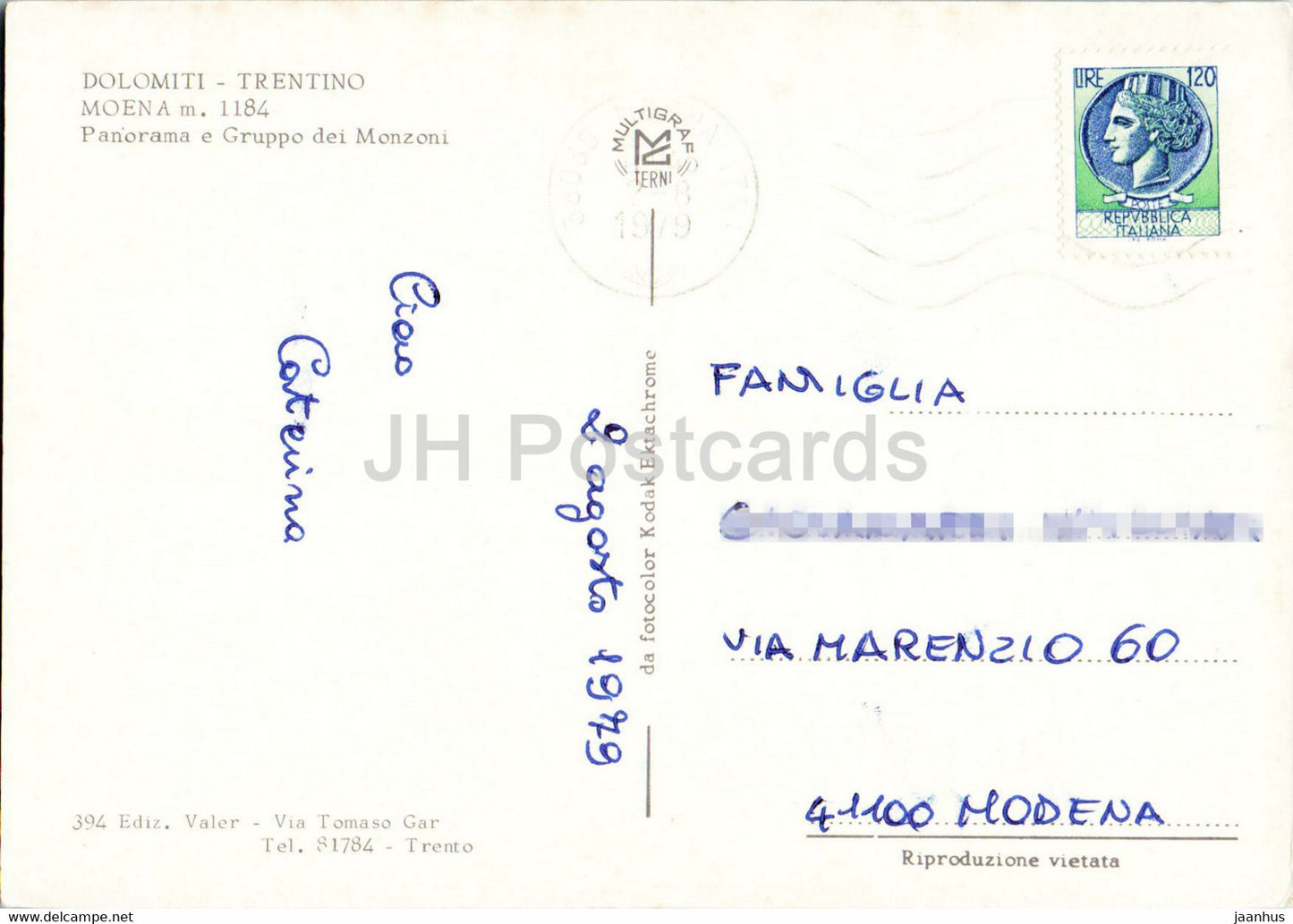 Moena 1184 m - Panorama e Gruppo dei Monzoni - Dolomiti Trentino - 1979 - Italy - used