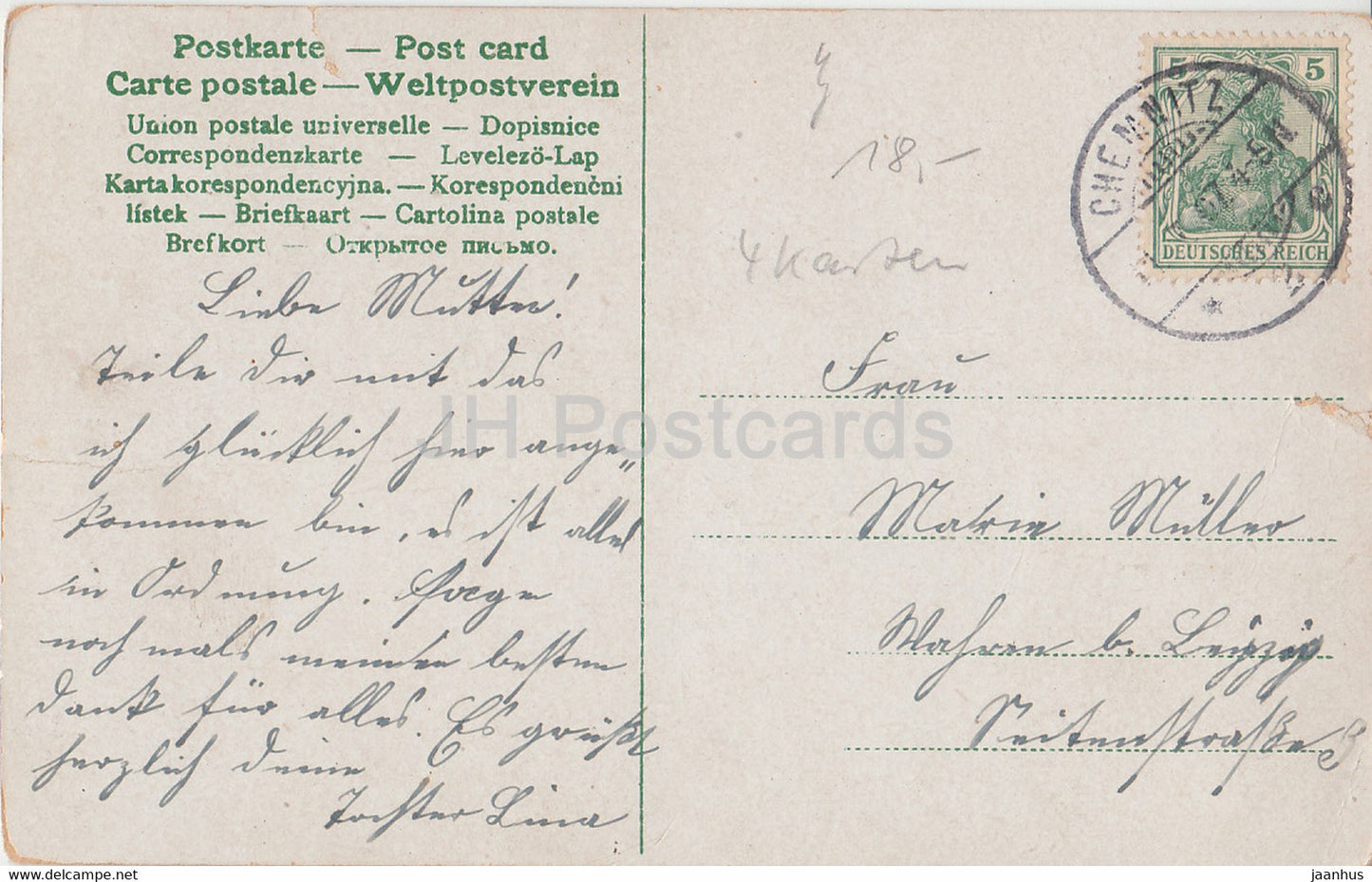 Ein Voglein chanté im Lindenbaum - couple - homme - 825 II - carte postale ancienne - 1907 - Allemagne - utilisé