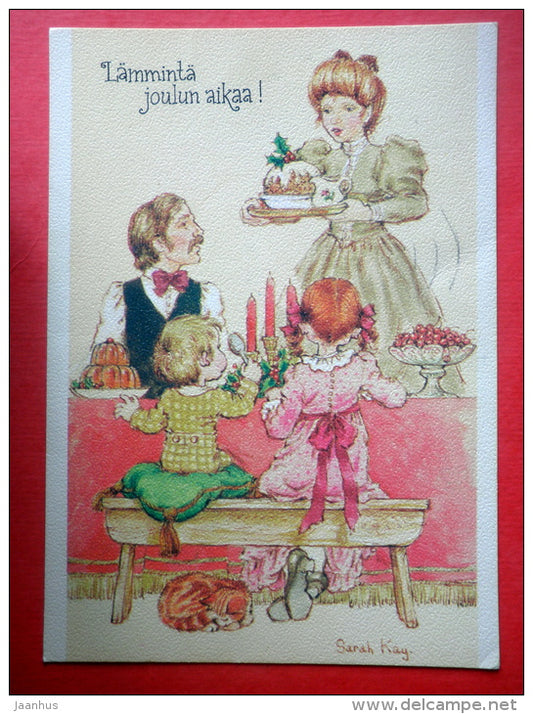Christmas Greeting Card by Sarah Kay - family - dinner - cat - Finland - sent from Finland Turku to Estonia USSR 1983 - JH Postcards