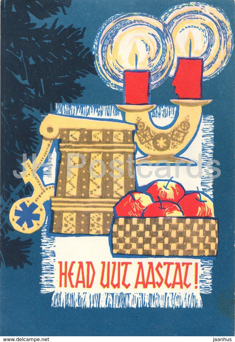 New Year Greeting Card by D. Paalamae - Beer Mug - candles - apple - 1965 - Estonia USSR - used - JH Postcards