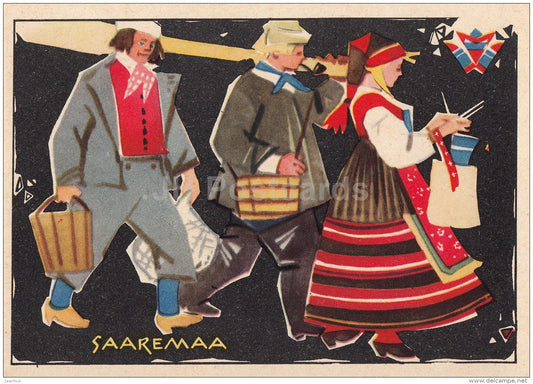 illustration by V. Tolli - Saarema - Estonian Folk Costumes - 1960 - Estonia USSR - unused - JH Postcards