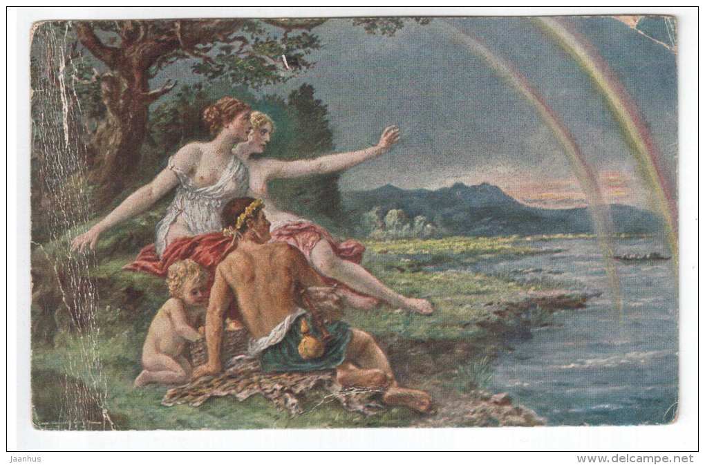 illustration - child - naked women - man - rainbow - Marke J. S. C. - 6136 - circulated in Estonia 1928 , Tallinn - used - JH Postcards