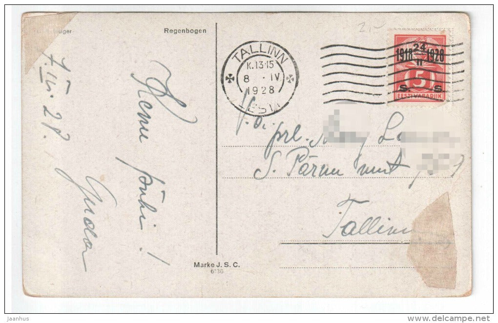 illustration - child - naked women - man - rainbow - Marke J. S. C. - 6136 - circulated in Estonia 1928 , Tallinn - used - JH Postcards