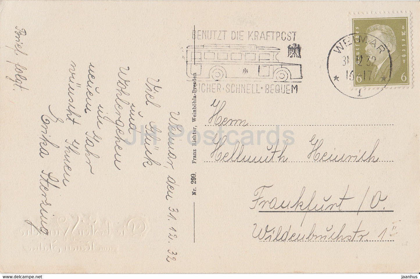 New Year Greeting Card - Neuen Jahre - Weimar - Goethes Gartenhaus - 299 - old postcard - 1932 - Germany - used