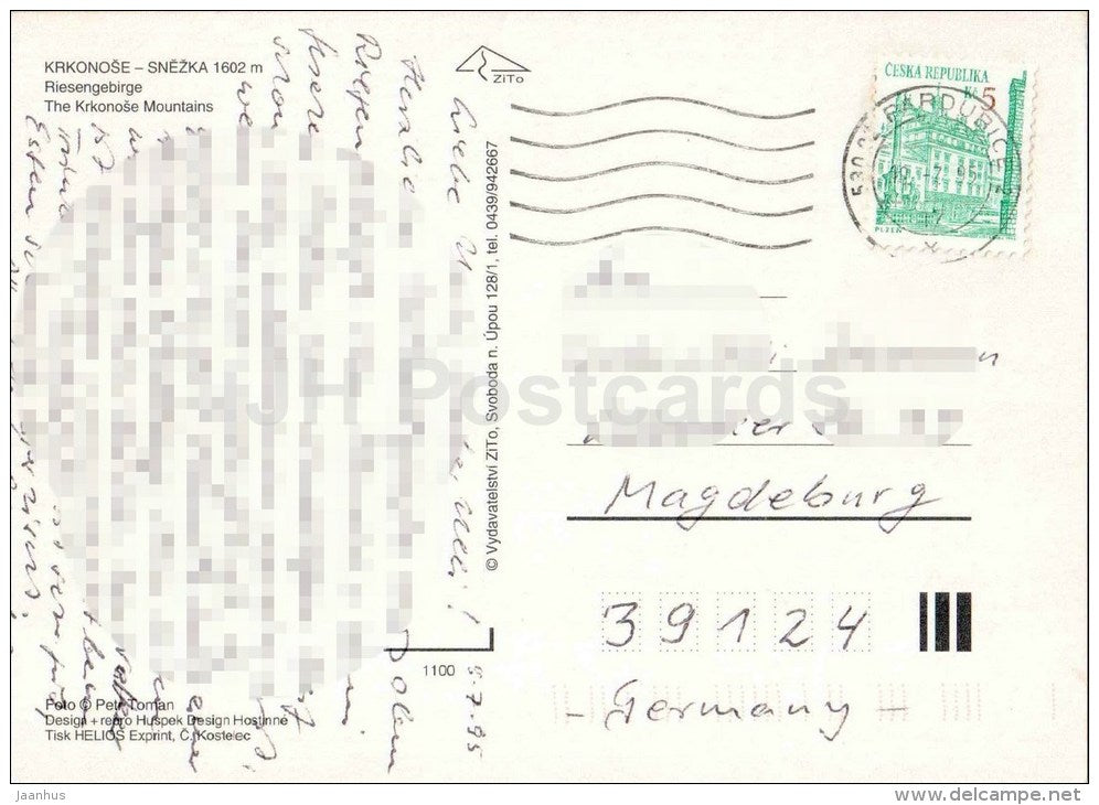 Krkonose National Park - Snezka mountain , 1602 m - Czech - used 1995 - JH Postcards