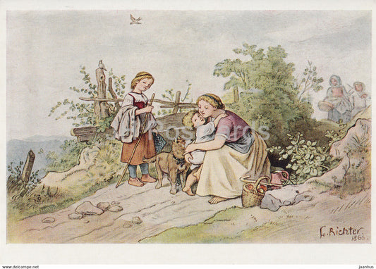 painting by Ludwig Richter - Heimkehr vom Felde - Return from the field - children - German art - Germany - unused - JH Postcards