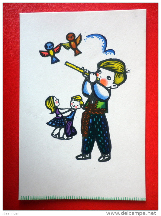 illustration by A. Skliutaskaite - Dancing Polka - boy - folk music instrument - Ambers - 1967 - Russia USSR - unused - JH Postcards
