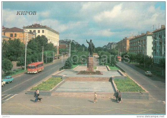 Oktyabrsky Prospekt . Monument to Kirov - bus - Kirov - Trans-Siberian Railway - 1988 - Russia USSR - unused - JH Postcards