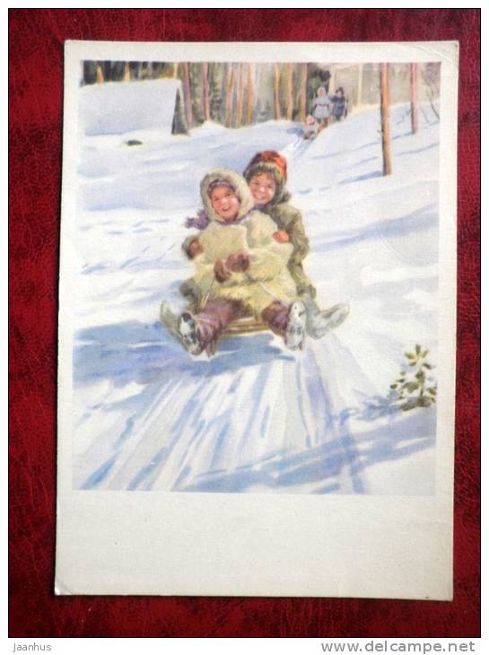Painting by N.N. Zhukov - give way! - sledging - art - card printed in 1954 - Russia - USSR - used - JH Postcards