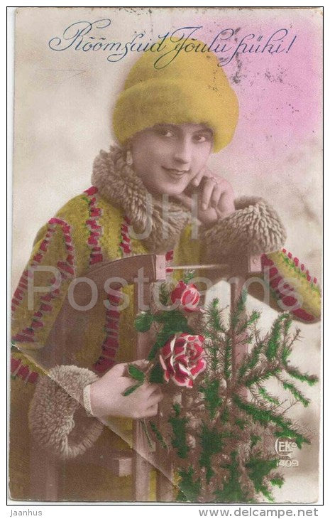 christmas greeting card - woman - rose - CEKO 1409 - circulated in Estonia 1927 Jõgeva - JH Postcards