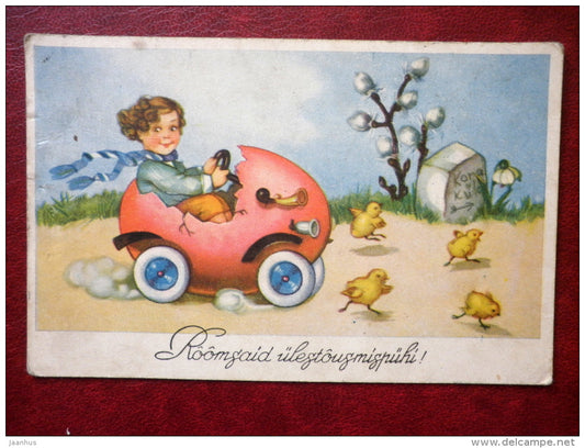 Easter Greeting Card - car - egg - chiken - circulated in 1940 - Estonia - used - JH Postcards