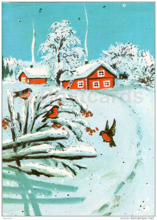 Christmas Greeting Card - winter view - house - bullfinch - birds - 446 - Finland - used - JH Postcards