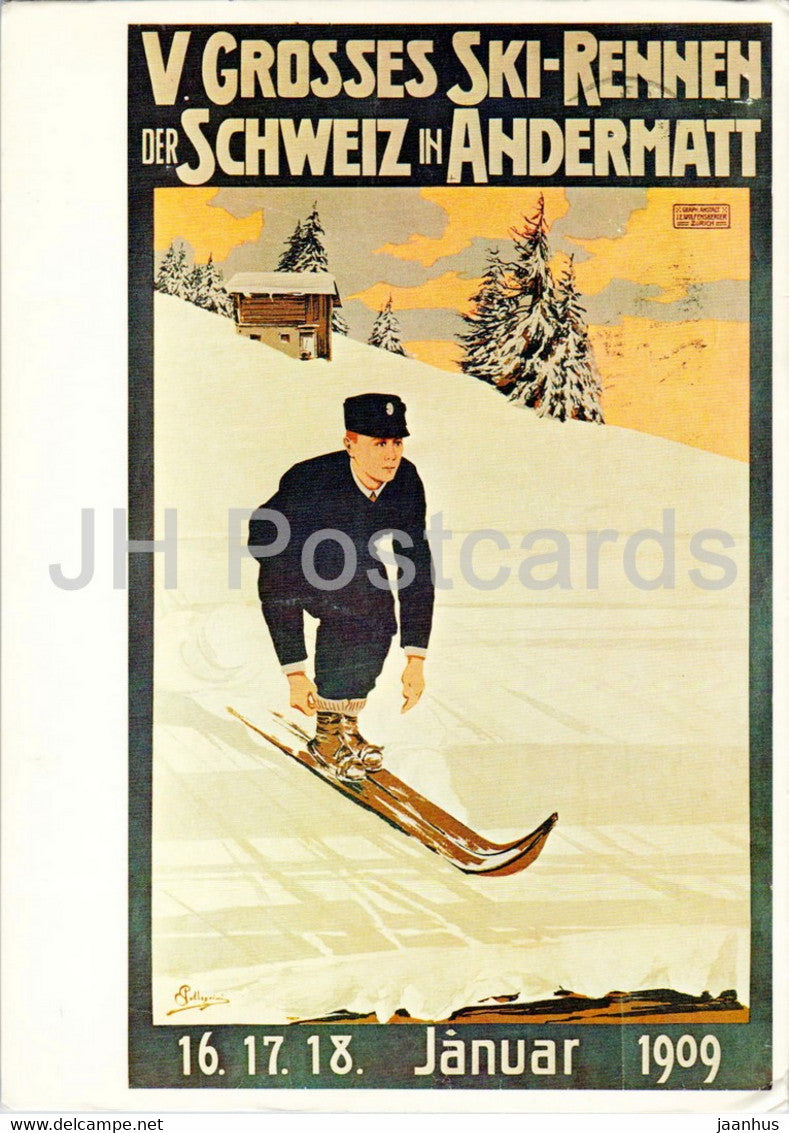 Andermatt 1909 - Plakat für Grosses Skirennen der Schweiz Pellegrini - skiing - REPRODUKTION - Switzerland - used - JH Postcards