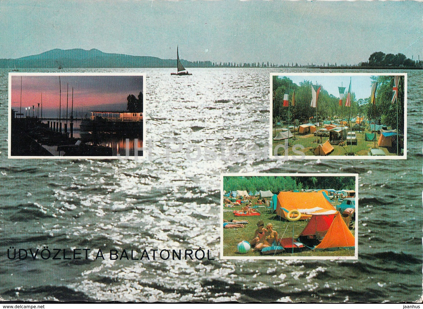 Greetings from the lake Balaton - camping - lake - multiview - 1970s - Hungary - used - JH Postcards