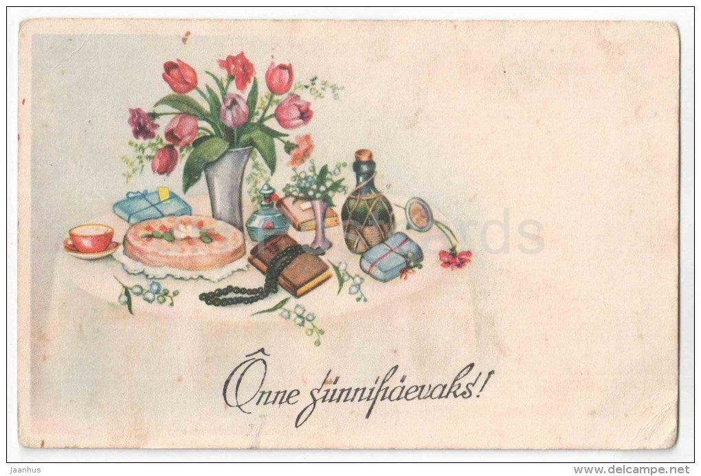 Birthday Greeting Card - Tulips - cake - bottle - book - flowers - old postcard - circulated in Estonia 1938 - JH Postcards
