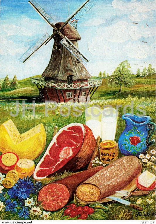 Essen und Trinken aus dem Schleswig Holsteinischen Freilichtmuseum - painting - windmill - 1983 - Germany - used - JH Postcards