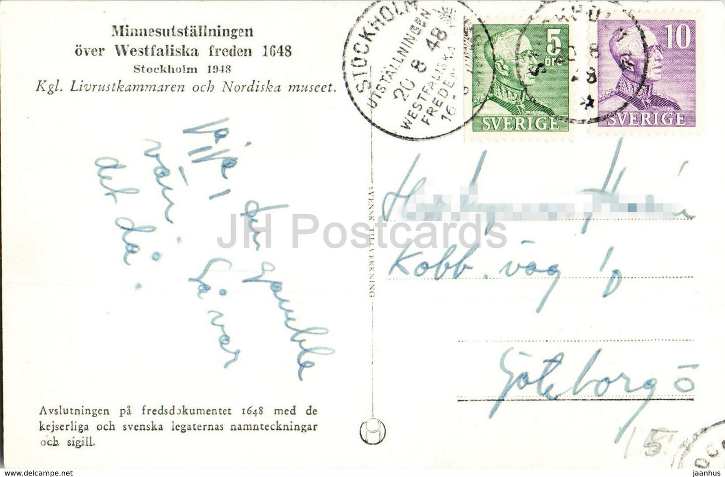 Minnesutstallningen sur Westfaliska freden 1648 - Traité de paix de Westphalie - carte postale ancienne - 1948 - Suède - utilisé