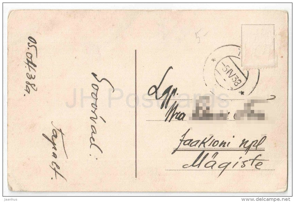 Birthday Greeting Card - Tulips - cake - bottle - book - flowers - old postcard - circulated in Estonia 1938 - JH Postcards