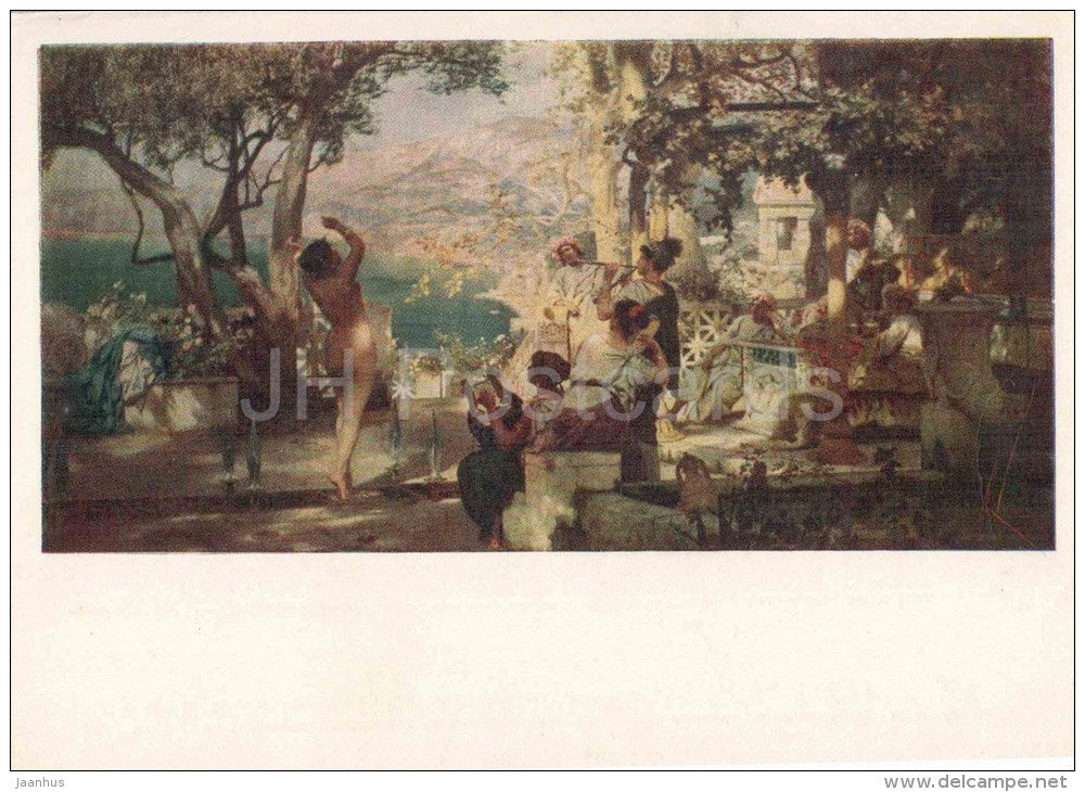 painting by G. Semiradsky - Dance among swords , 1881 - music - dance - naked woman - russian art - unused - JH Postcards