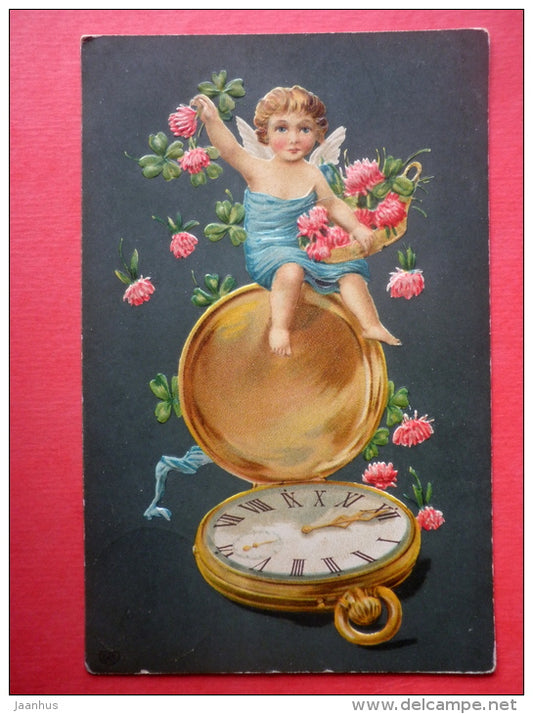 illustration - angel - boy - clock - flowers - embossed - EAS - circulated in Estonia Kolk Imperial Russia 1910 - JH Postcards