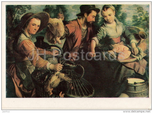 painting by Joachim Beuckelaer - At the Market , 1564 - chicken - Flemish art - Russia USSR - 1985 - unused - JH Postcards