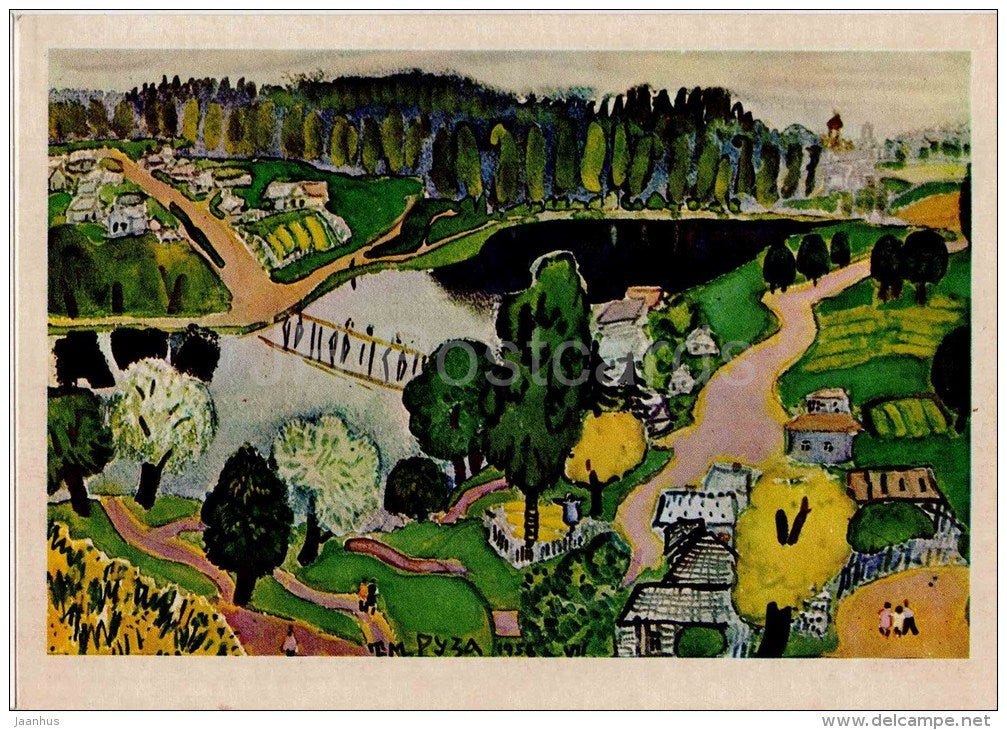 painting by T. Mavrina - The Ruza River , 1958 - russian art - unused - JH Postcards