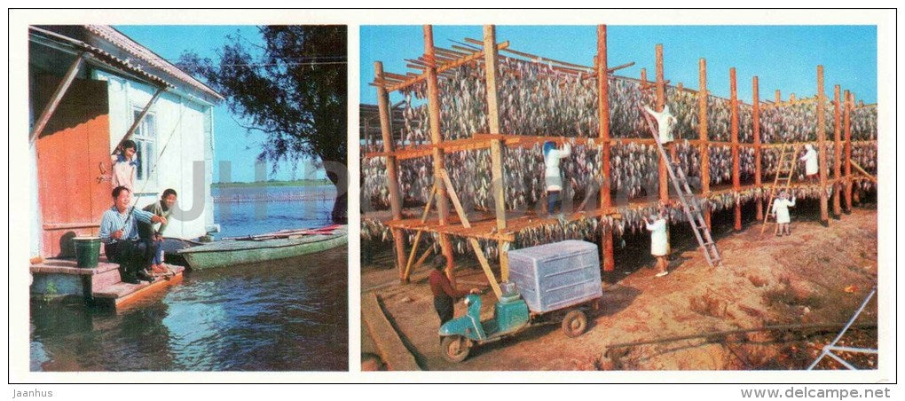 flood - fishing - vobla fish - Astrakhan - 1976 - Russia USSR - unused - JH Postcards