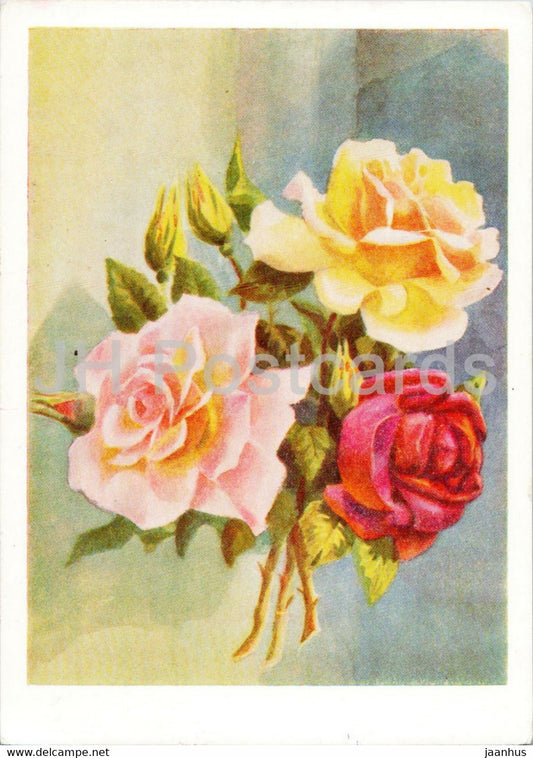 illustration by K. Lebedev - Roses - postal stationery - 1963 - Russia USSR - unused - JH Postcards