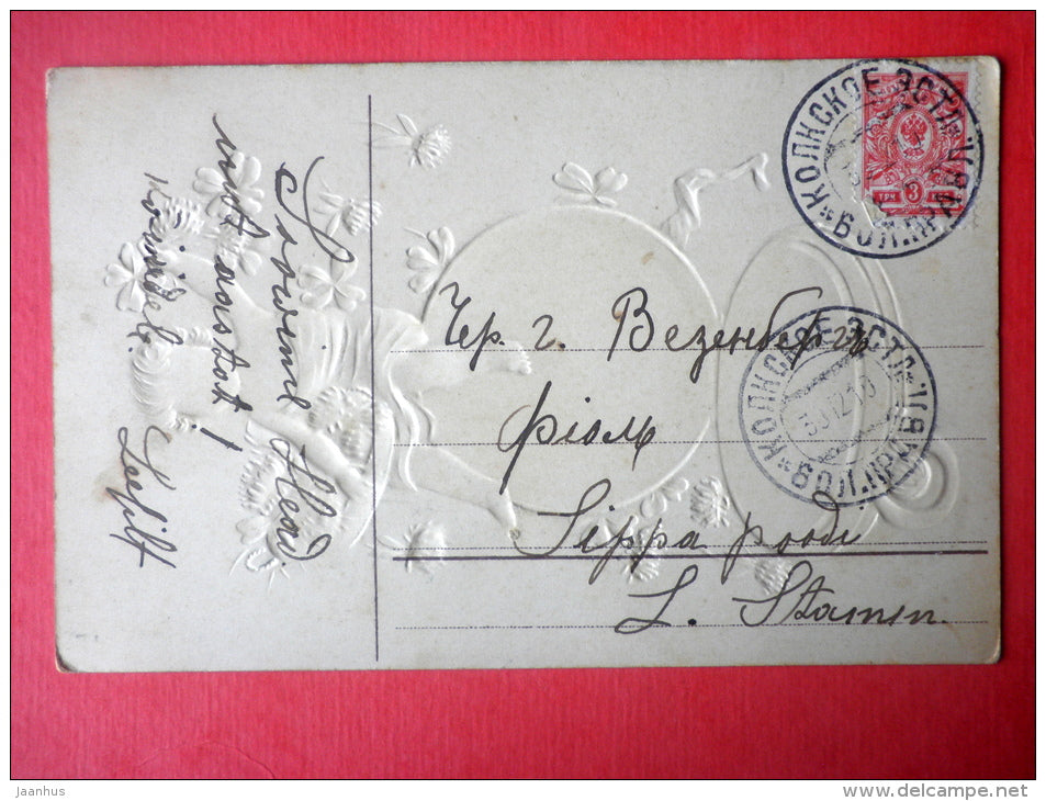 illustration - angel - boy - clock - flowers - embossed - EAS - circulated in Estonia Kolk Imperial Russia 1910 - JH Postcards