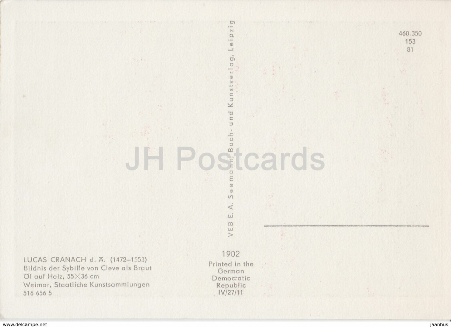 painting by Lucas Cranach the Elder - Bildnis der Sybille von Cleve als Braut - 1902 - German art - Germany DDR - unused