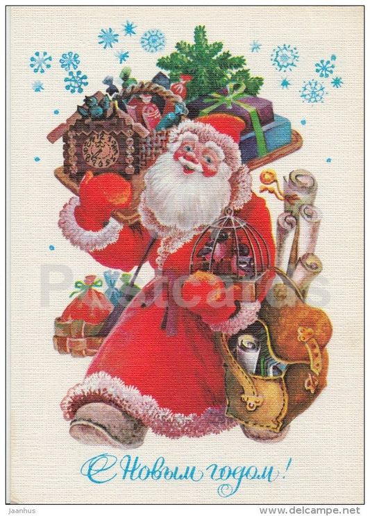 New Year Greeting Card by L. Pokhitonova - Ded Moroz - Santa Claus - clock - birds - 1986 - Russia USSR - used - JH Postcards