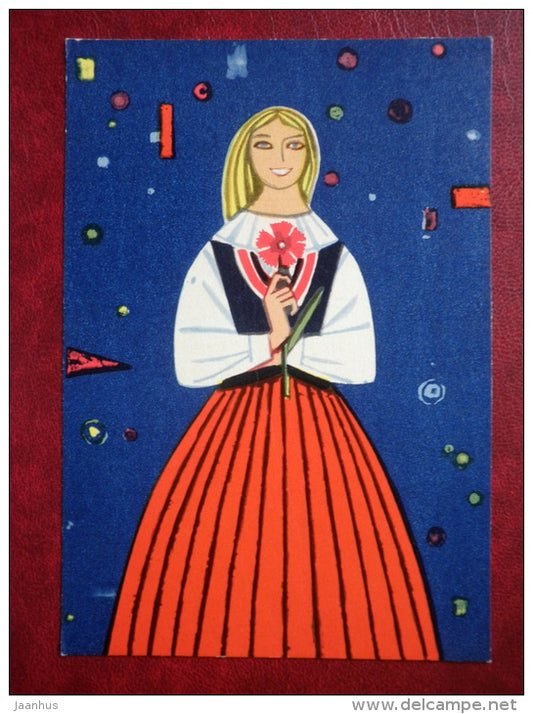 New Year Greeting card - illustration by V. Pirk - young woman in folk costumes - 1966 - Estonia USSR - used - JH Postcards
