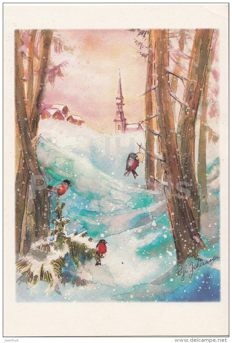 Christmas Greeting card by R. Johanson - birds - bullfinch - church - 1990s - Estonia - used - JH Postcards