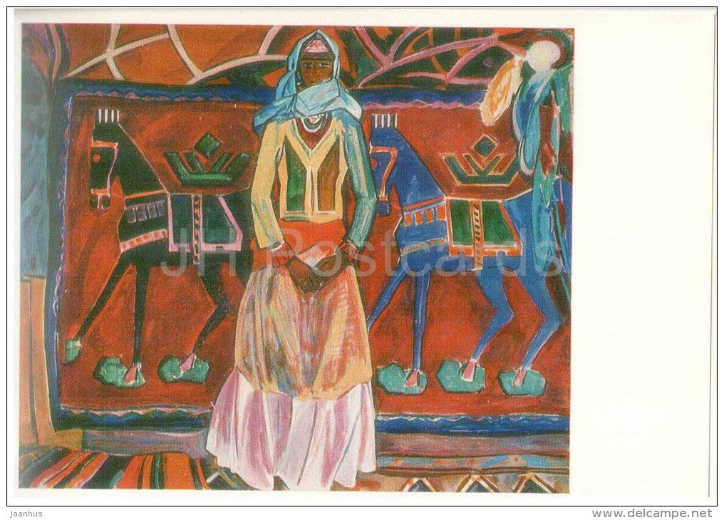 painting by Nadyr Gambar ogly Abdurakhmanov - Woman of the Mountains , 1964 - horses - azerbaijan art - unused - JH Postcards