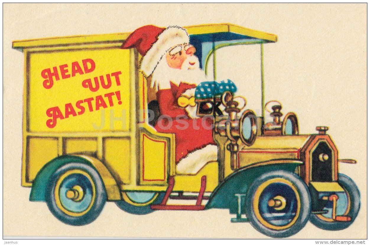 New Year Greeting card by V. Tõnisson - old cars - Santa Claus - boys - 1975 - Estonia USSR - used - JH Postcards