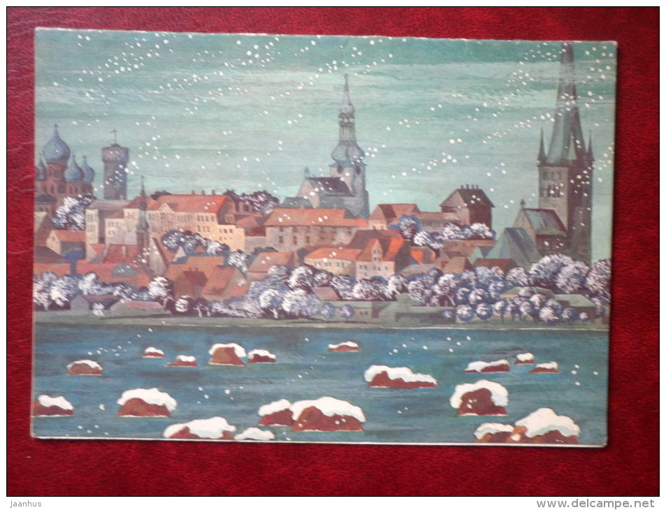New Year Greeting card - by J. Tammsaar - Tallinn Panorame - Old Town view - 1984 - Estonia USSR - used - JH Postcards
