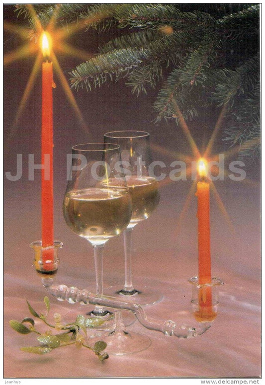 New Year Greeting card - Ded Moroz - candles - glass of wine - Czechoslovakia - unused - JH Postcards