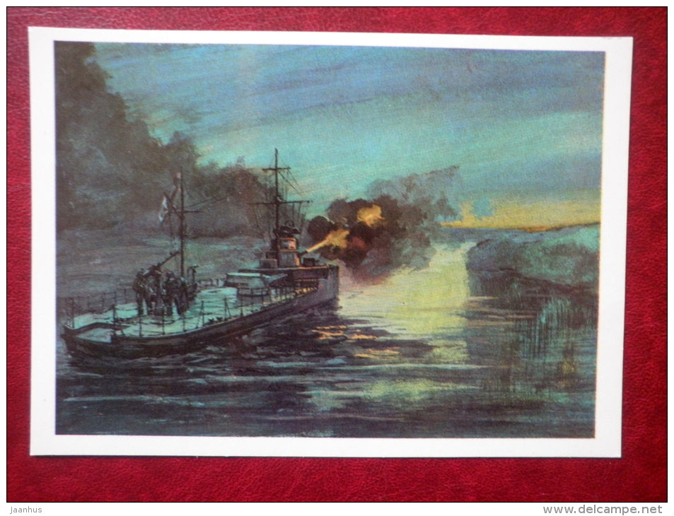 the defeat of the enemy crossing - by I. Rodinov - soviet monitor - WWII - 1984 - Russia USSR - unused - JH Postcards