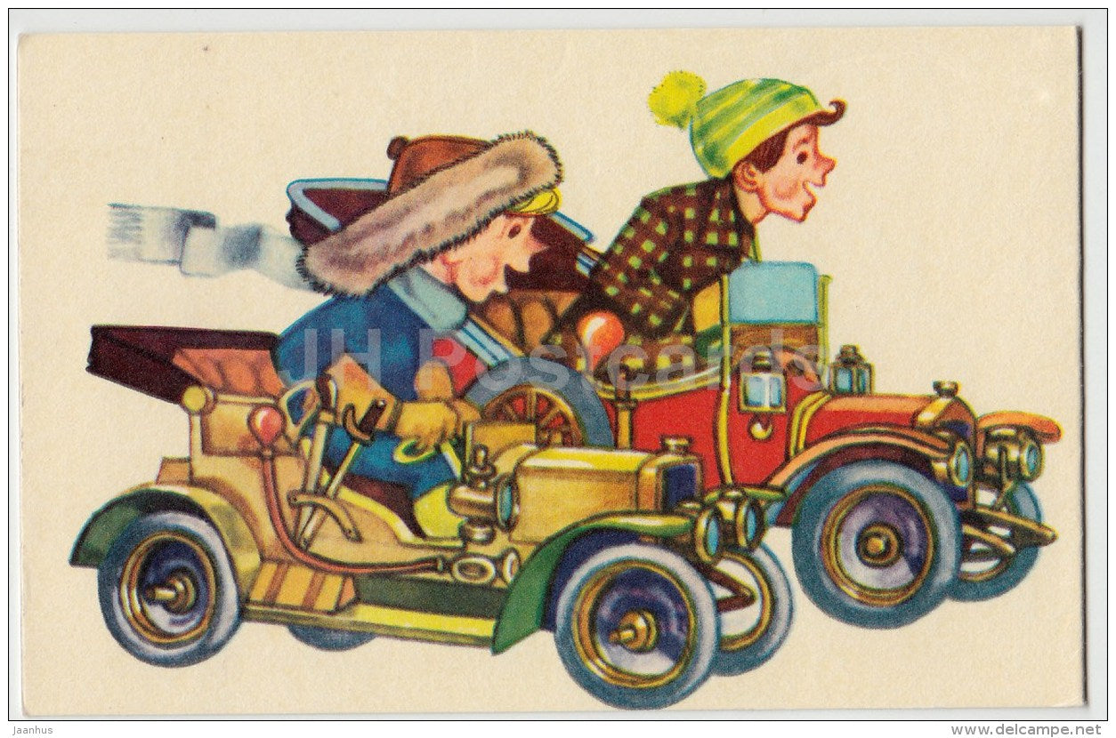 New Year Greeting card by V. Tõnisson - old cars - Santa Claus - boys - 1975 - Estonia USSR - used - JH Postcards