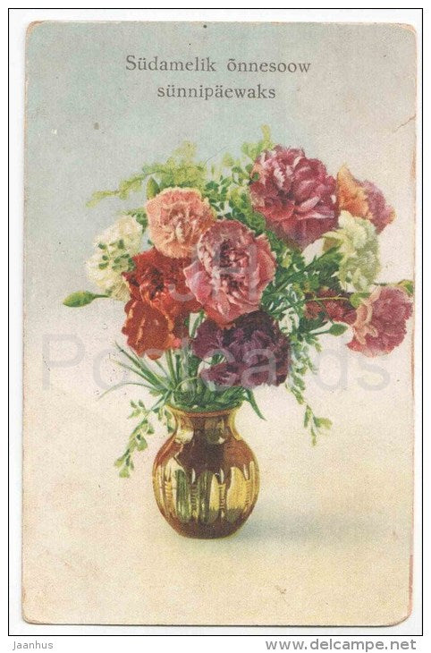 Birthday Greeting Card - carnation - flowers - HB Photochromie 932/4 - old postcard - circulated in Estonia 1930 - JH Postcards