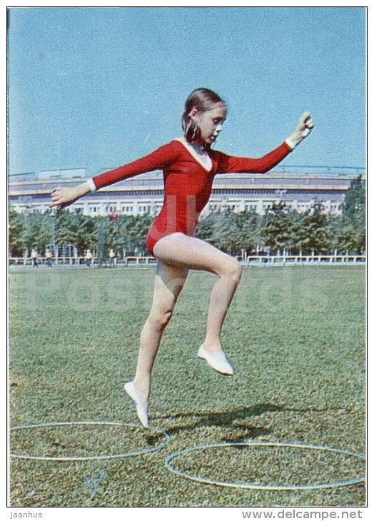 girl - hula hoop - gymnastics in the school - children - 1973 - Russia USSR - unused - JH Postcards
