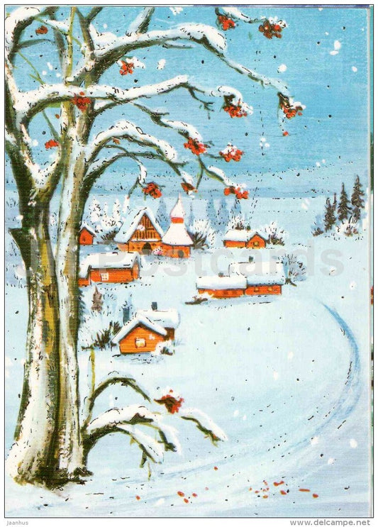 Christmas Greeting Card - winter view - house - church - rowan tree - birds - 446 - Finland - used in 1993 - JH Postcards
