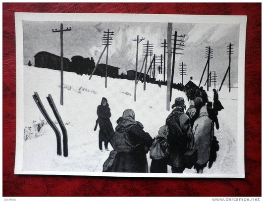 Illustration by O. G. Vereysky - to the foreign land, Twardowski poem - train - soldier - russian art - unused - JH Postcards