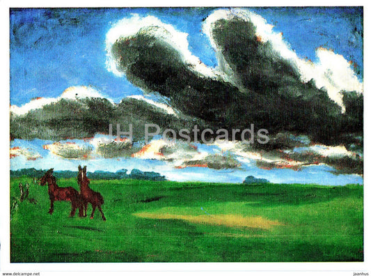 painting by Emil Nolde - Landschaft mit jungen Pferden - Landscape with Young Horses - German art - Germany - unused - JH Postcards