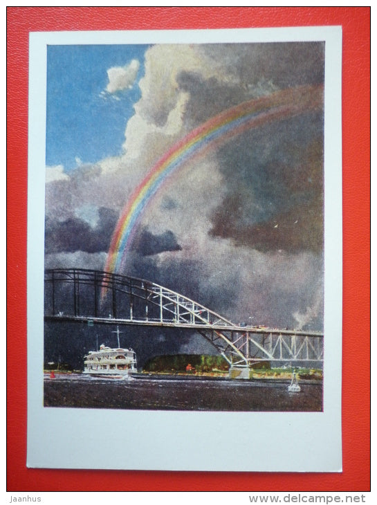 painting by G. Nissky . Rainbow , 1950 - passenger ship - bridge - russian art - unused - JH Postcards