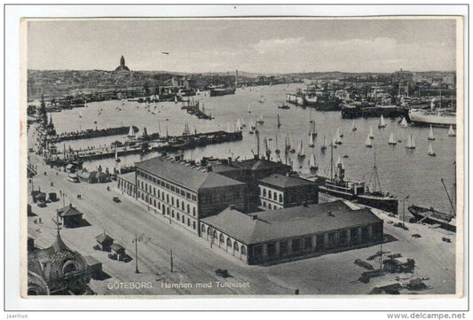 Hamnen med Tullhuset - Port and The Customs House Göteborg - Sweden - sailing boats - steamer - old postcard - unused - JH Postcards