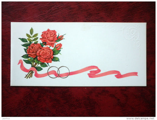 wedding greeting card - red roses - embossed - flowers - 1986 - Russia - USSR - unused - JH Postcards