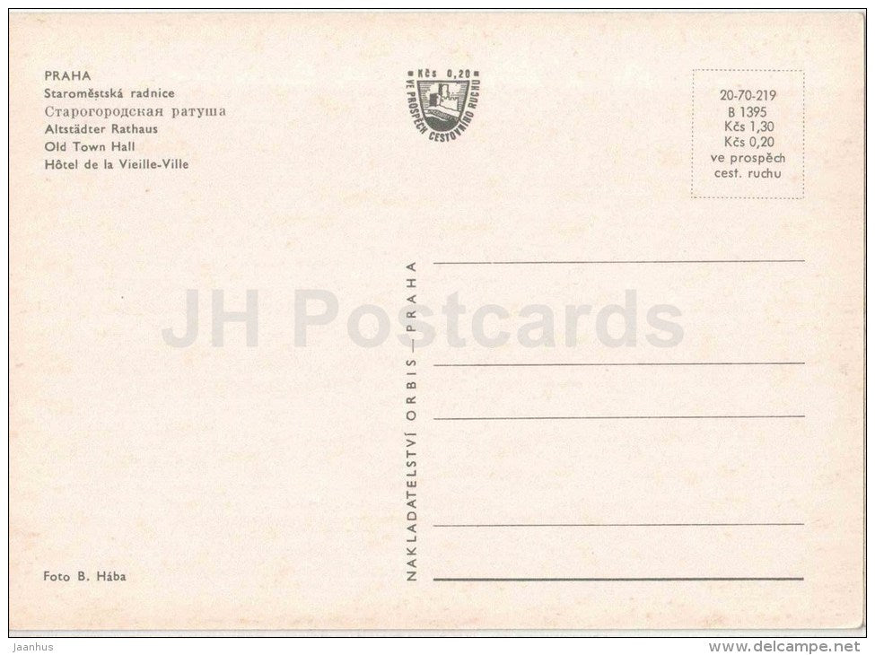 Praha - Prague - Old Town Hall - Czechoslovakia - Czech - unused - JH Postcards
