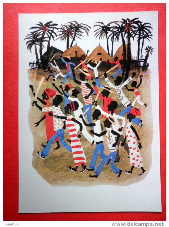 illustration by M. Belomlinsky - Kiboko-Hugo Hippopotamus by S. Saharnov - native people - 1984 - Russia USSR - unused - JH Postcards